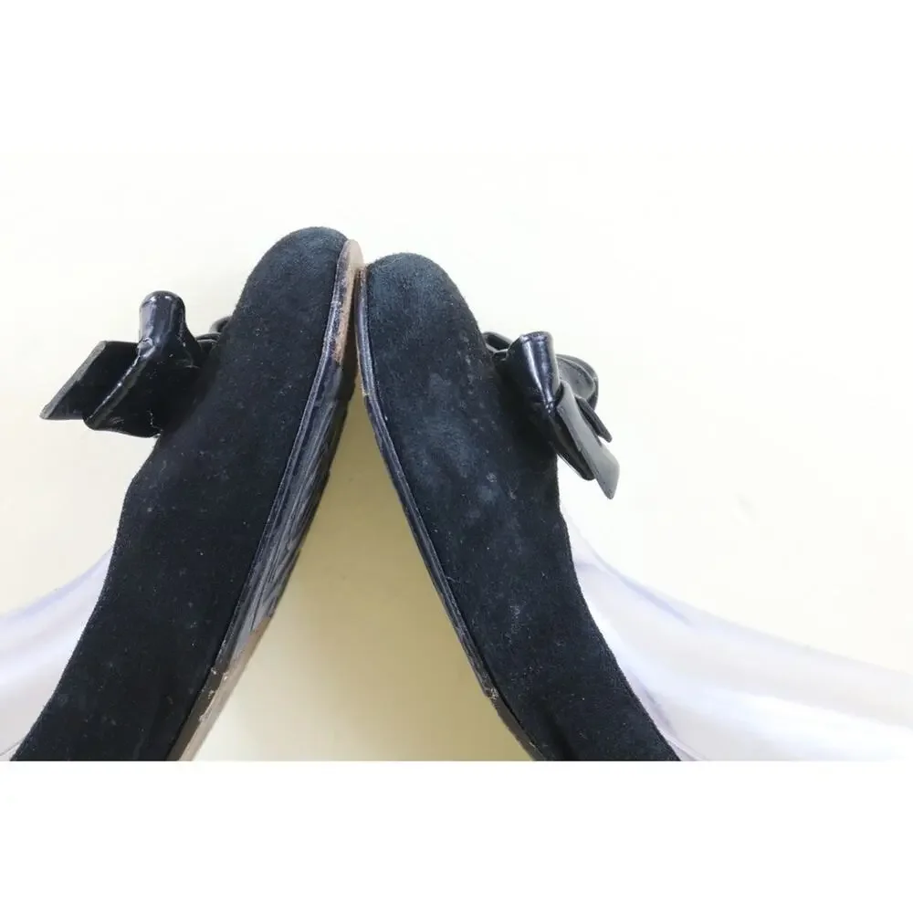 Taryn Rose Shoes 9M Black Suede Ballet Flats Patent Leather Bow Slip Ons